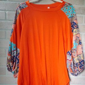 Emerald Women's Small Vintage Burnt Orange U Neck Blouse With Balloon Sleeves